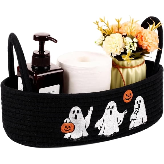 Halloween Woven Rope Basket, Large Boo Ghost Decorative Storage Basket,Black,Home