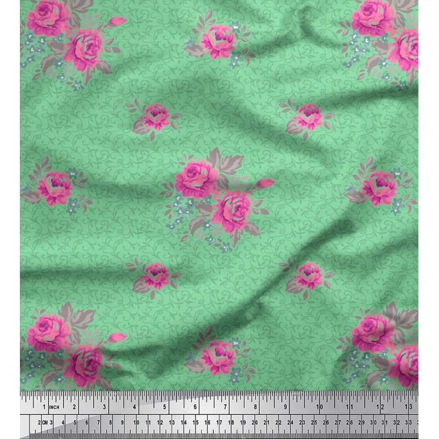 Soimoi Tissu en Rayonne Imprimé Tourbillon, Feuilles & Roses au Mètre 56 Pouces de Large