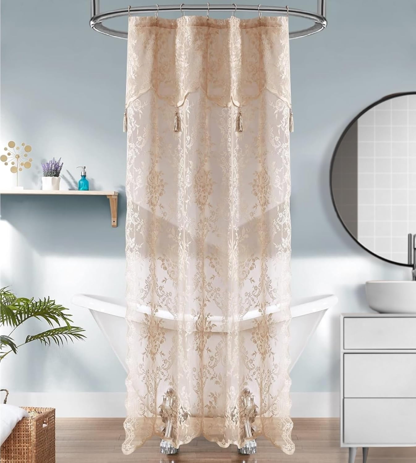 WARM HOME DESIGNS Linen Lace Stall Shower Curtain 36 W x 72 L Inches with Attached Valance & Tassels. LA Linen 36