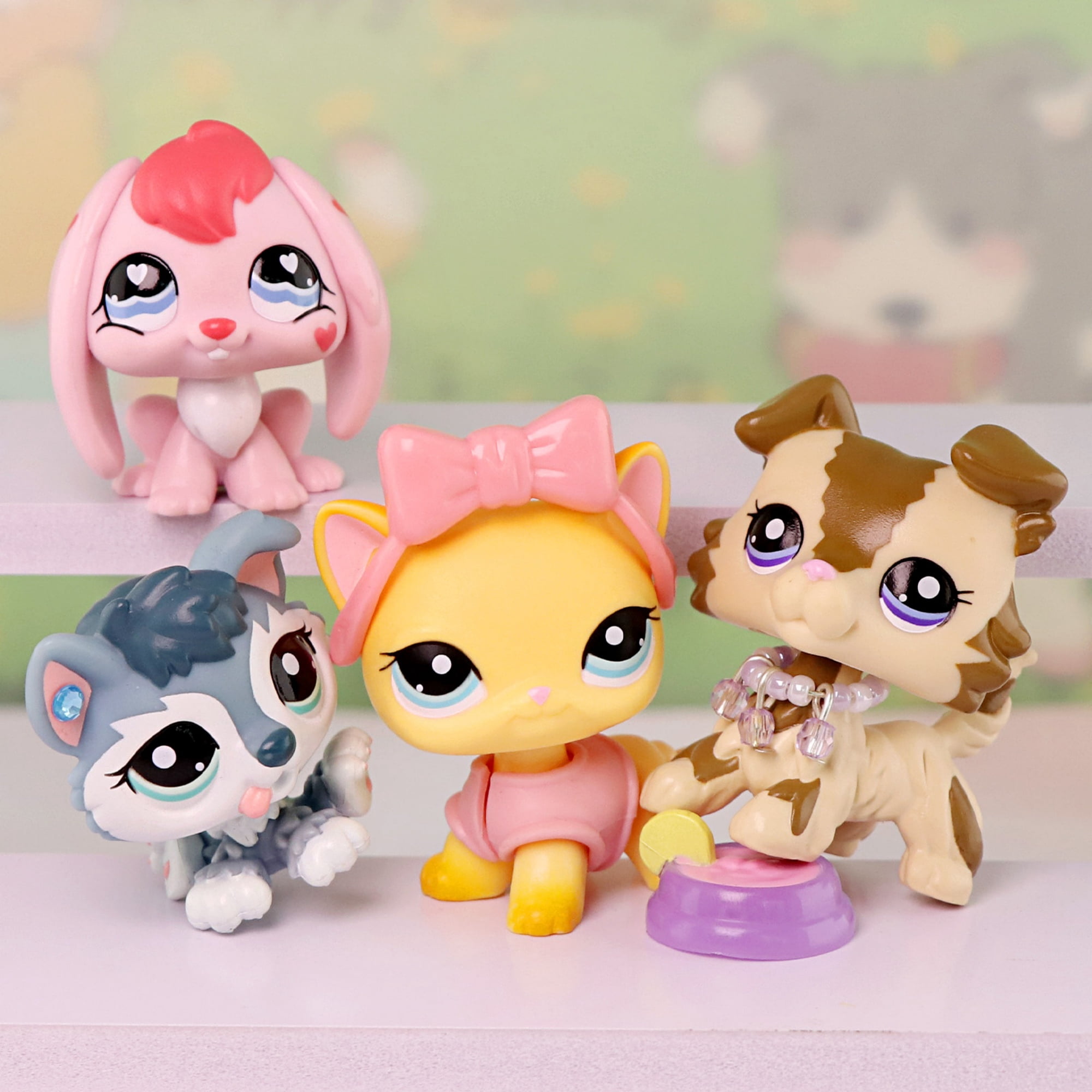 4pcs Mini Pet Toys Bunny Rabbit Collie Short Hair Cat Husky Puppy with Accessories,Gift for Kids