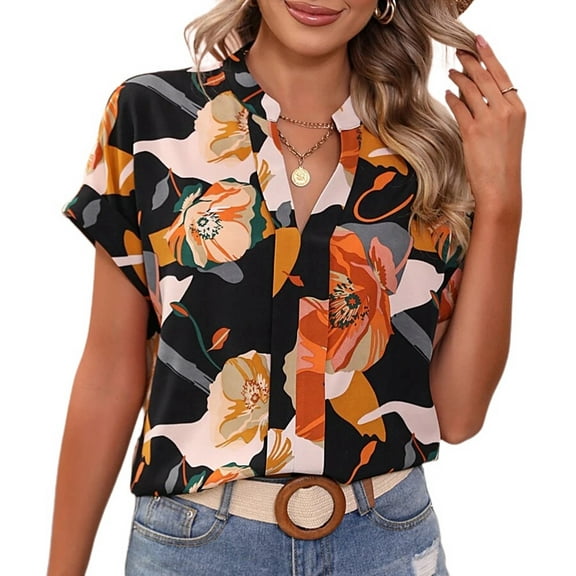 Defitshape Women's Summer Blouse Shirt Soft Tops Short Sleeve Loose Chiffon Fashion Fall Elegant V Neck Black Medium