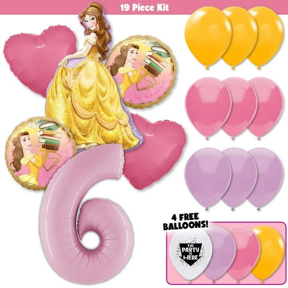 19pc Beauty & the Beast Party Decorations Balloons Kit - Belle's Colorful Pink Kids Birthday Party Supplies Decor - Includes JUMBO Pastel Pink Number 6 Age Balloon