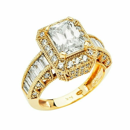 - Solid 14k yellow Gold 4 Prong CZ Cubic Zirconia Radiant Cut Wedding Engagement Ring With Baguette Setting (1.5 ct.)