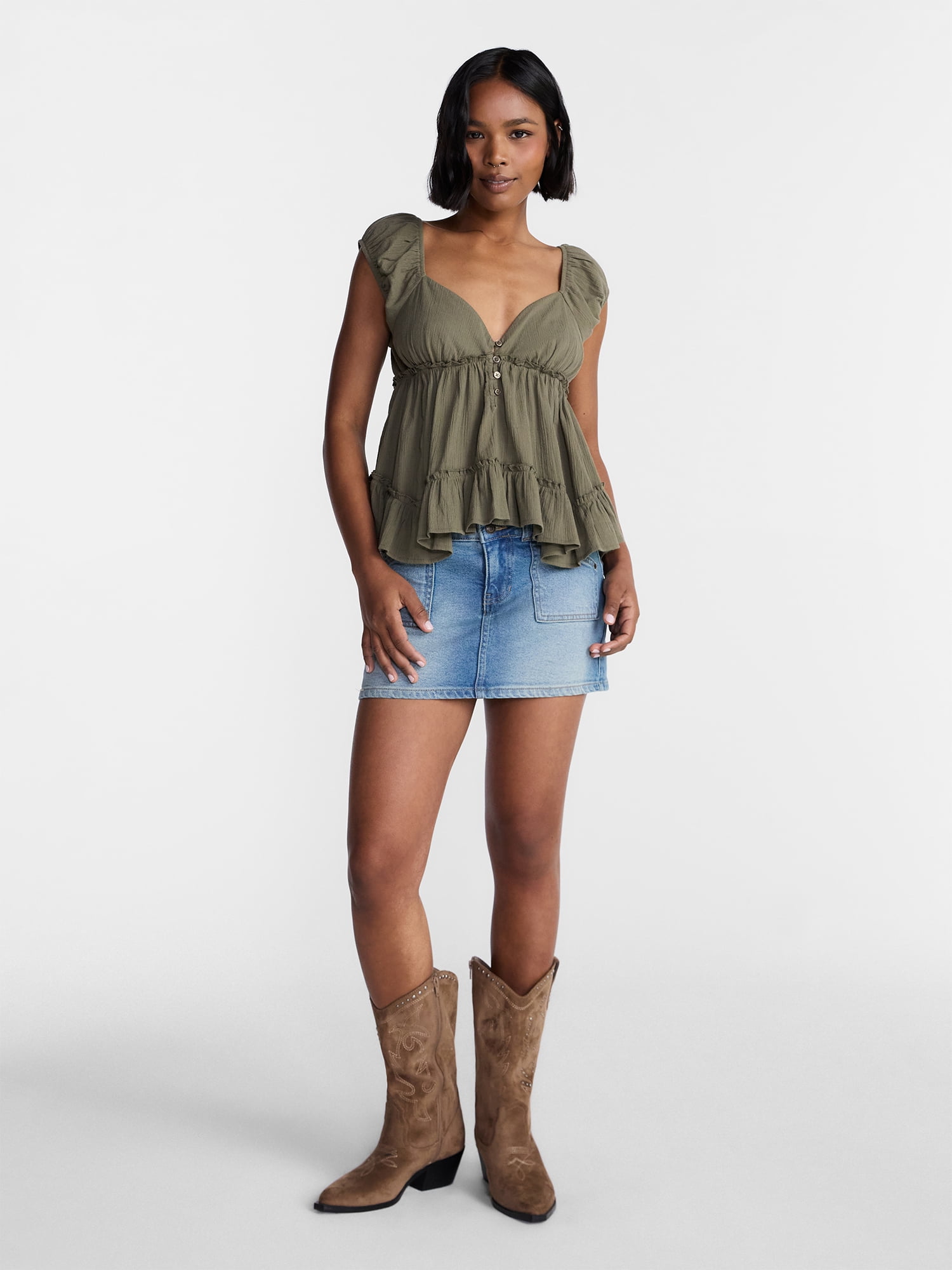 No Boundaries Boho Woven Babydoll Top, Women's XXS-XXL