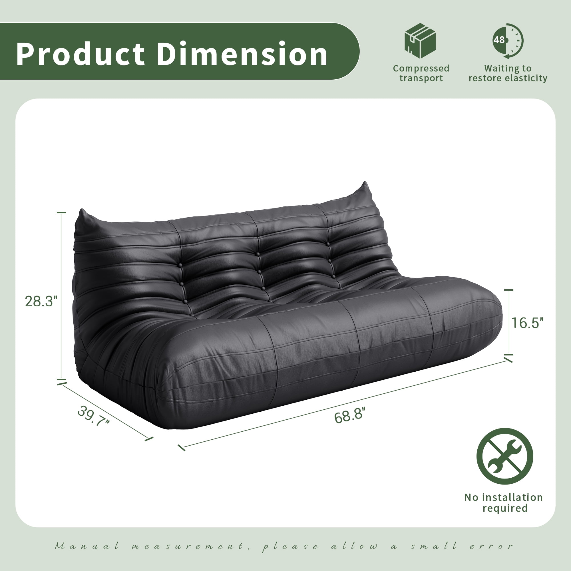 Gtilzria Lazy Sofa, Bean Bag Chair for Adults Floor Couch, 3 Seat Fireside Chair with Ergonomic Design Modern Faux Leather Lounge Chair for Living Room, Bedroom, Black