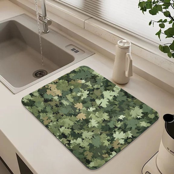 Dark Green Leaf Camouflage Dish Drying Mat for Kitchen Counter Absorbent Drainer Mats (15.7X11.8inch)