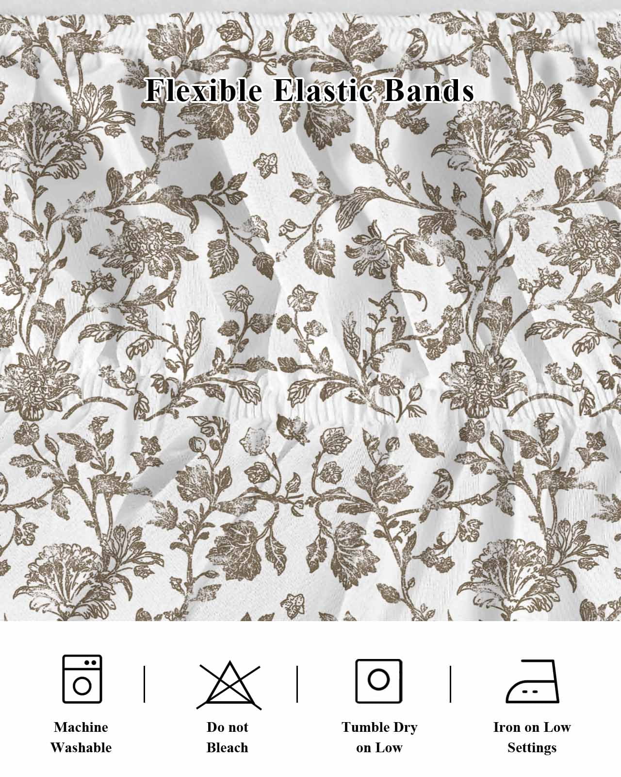 Vintage Brown Floral Bed Skirt Farmhouse Flower Pastoral Style Bed Skirts King Size 18 Inch Drop, Wrap Around Dust Ruffle&nbsp;Bedskirt with Adjustable Elastic Belt for Queen Size Beds