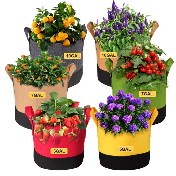 C2U 6-Pack Colorful Heavy Duty Grow Bags (5/7/10 Gallon) – Stylish Fabric Planter Pots with Black Heat-Absorbing Base – Durable Garden Bags for Vegetables, Potatoes & Flowers