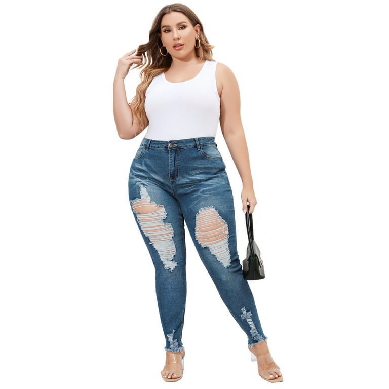 Overflødig Raffinaderi Eksperiment DYMADE Womens Plus Size Solid Color Slim Fit Hole Bagi Curve Destructed Ripped  Jeans - Walmart.com