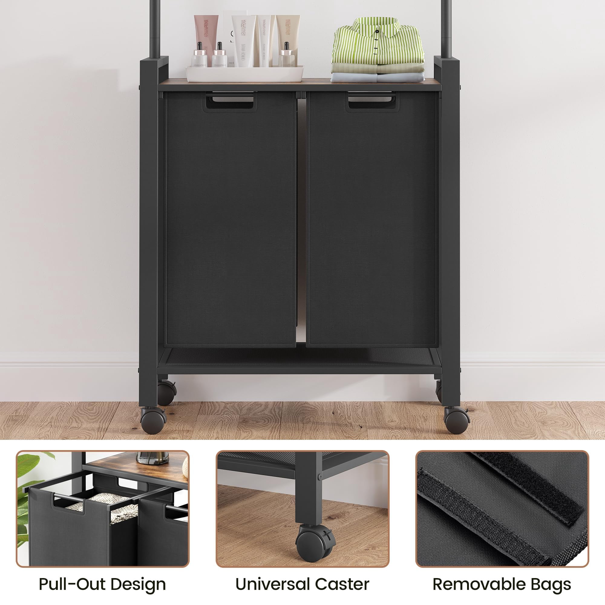 2-Section Rolling Laundry Sorter with Hanging Rack & Wheels, Laundry Hamper Organizer for Laundry Room