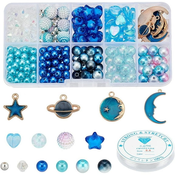 About 447 Pcs Planet Bracelet Making kit Including Moon Star Alloy Enamel Pendants Pearl Acrylic Blue Series Beads and 0.8mm Crystal Elastic Threads for Bracelet Craft Jewelry Making Set DIY