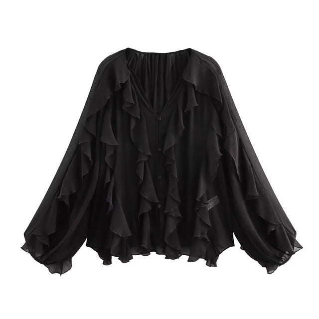 Ailaofu Ruffled Multi-Layered Summer Blouse for Women Trendy Semi See Through V-Neck Long Sleeve Button Chiffon Shirt Tops