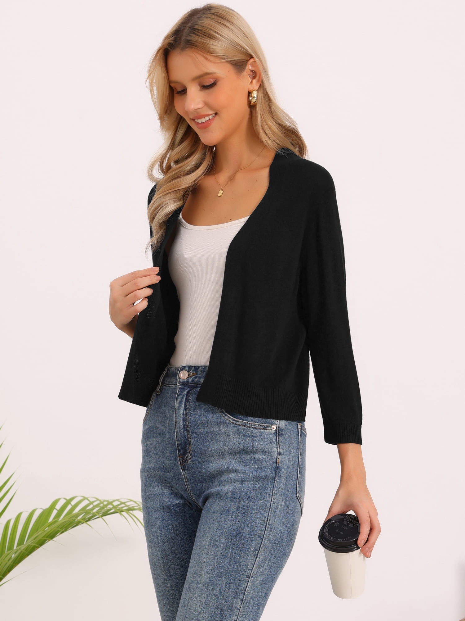 DARING DIVA Women's Cropped Knit Open Front 3/4 Sleeve Bolero Shrug S Black
