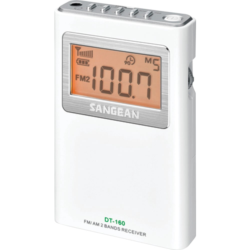 Sangean DT-160 AM/FM Stereo Pocket Radio with 100 Operating Hours on 2 AA Batteries, White