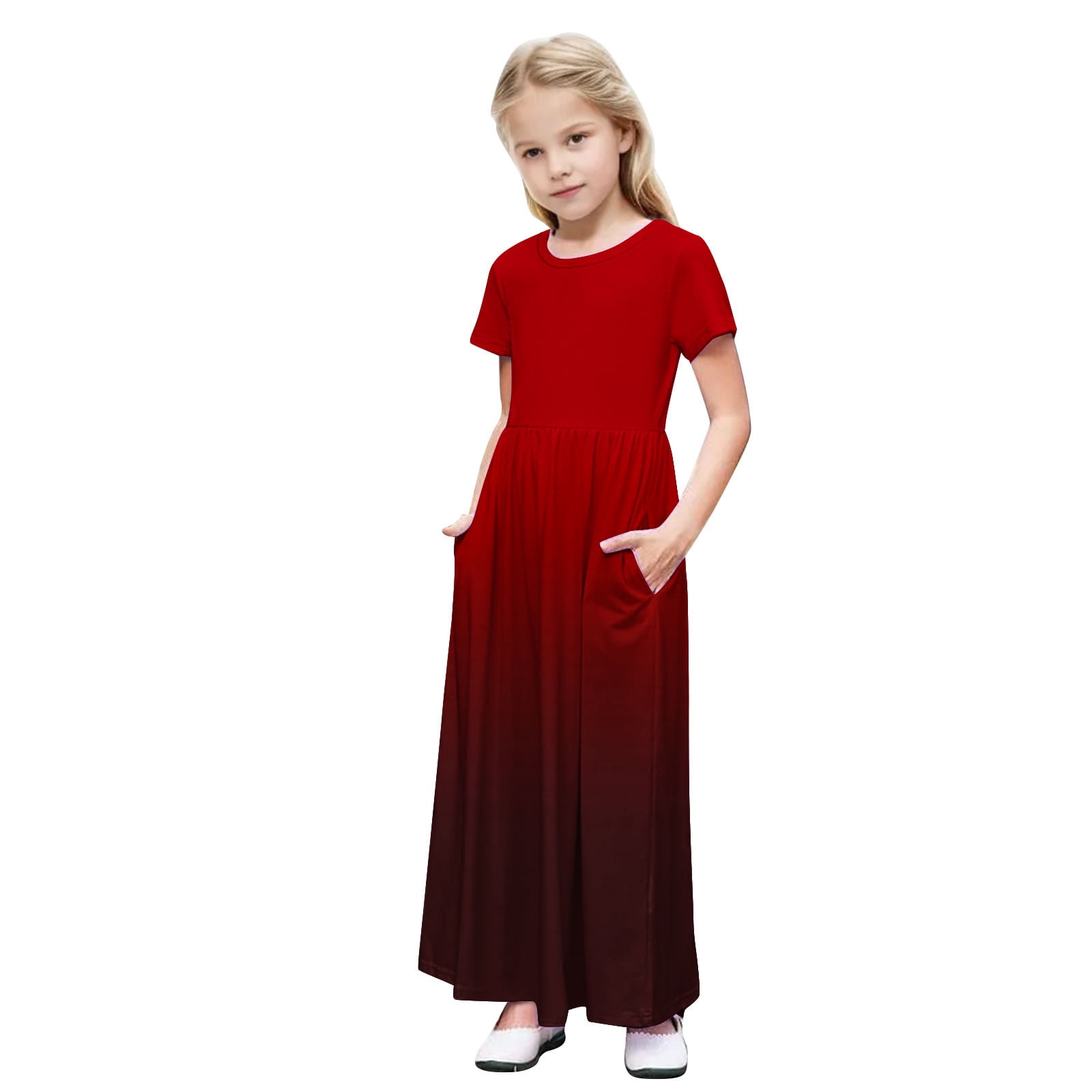 2 Pack Short Sleeve Dresses for Girls with Pockets 4-14Y Teens Kids Trendy Crew Neck High Waisted Gradient Printed Beach A-Line Maxi Dress