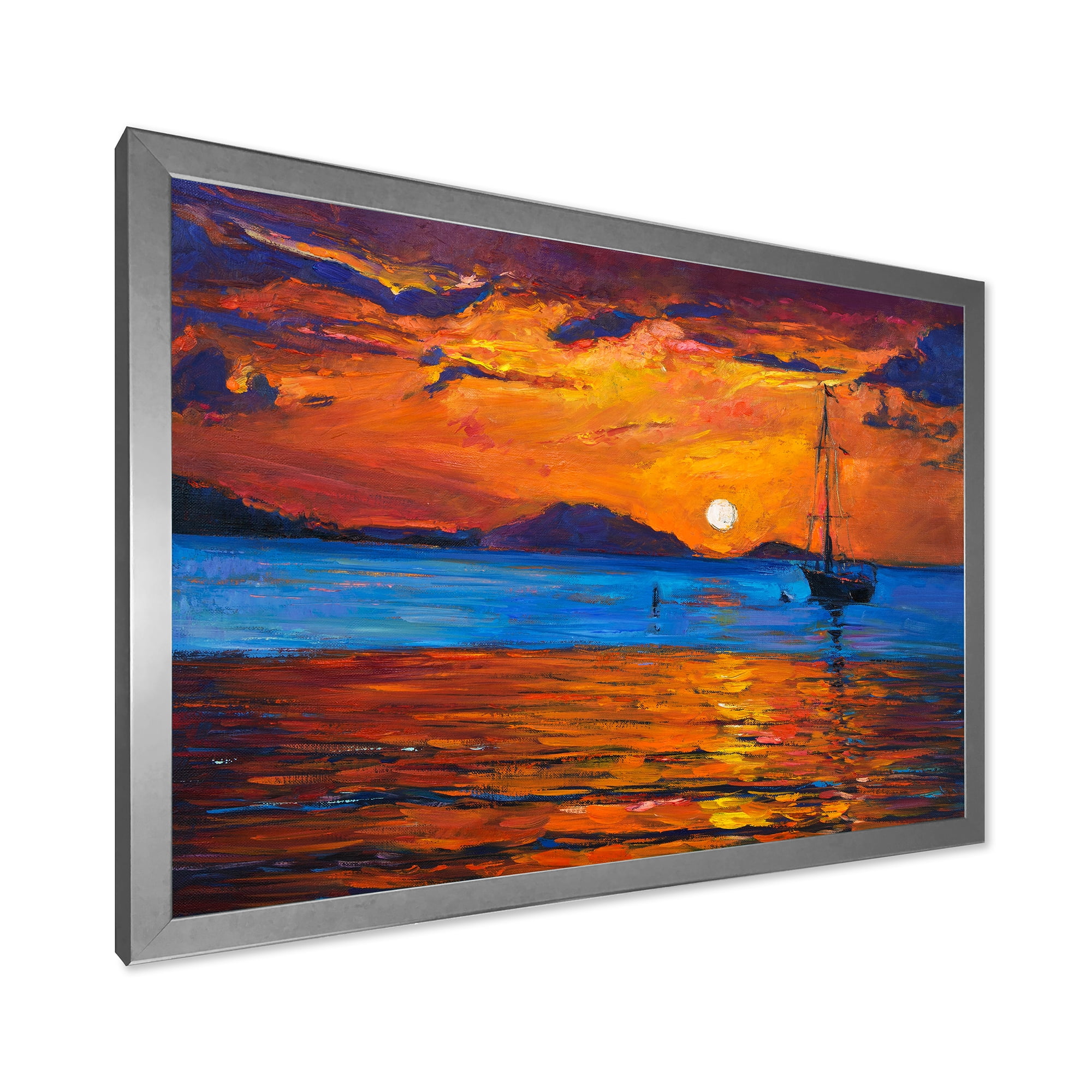 Designart 'Boat At The Lake During Evening Glow IX' Nautical & Coastal Framed Art Print