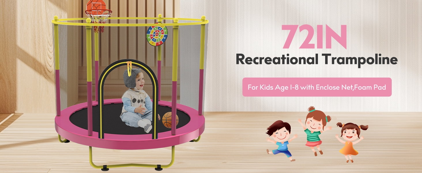 72" Trampoline for Kids with Net,6 FT Indoor & Outdoor Small Toddler Trampoline with Basketball Hoop & Dart Board for Ages 1-8, Gifts for Boys & Girls, Baby Toddler Christmas Toys