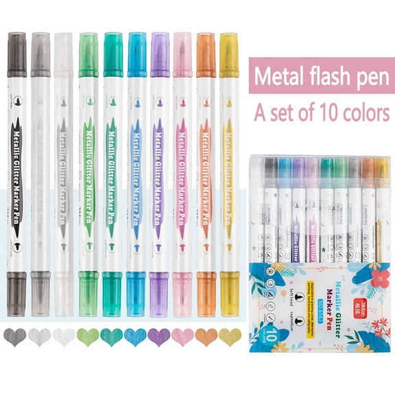 Glitter Gel Pens,Glitter Pens,Double-headed Pearlescent Metal Pen Soft-head Paint Pen Student DIY Album Black Cardboard Special Pen Flash Pen(10-Colors 5ml/0.17fl.oz)