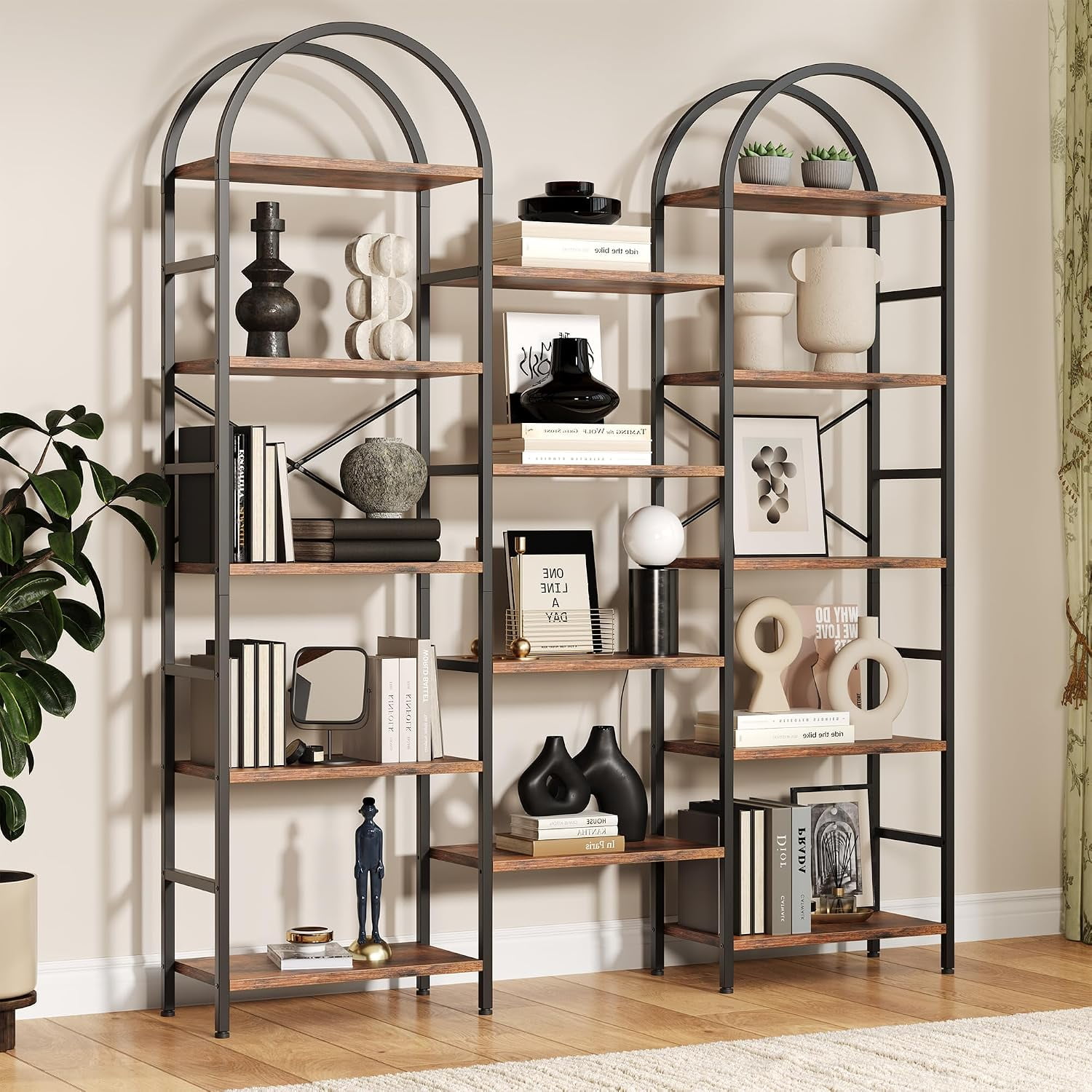 70.9 In Tall Triple Wide Bookcase 5 Shelf Arched Bookshelf with Adjustable Storage Brown