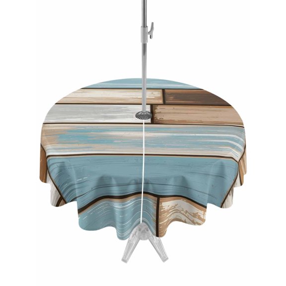 Outdoor Tablecloths with Umbrella Hole & Zipper, Blue Beige Brown Vintage Round Tablecloth 54 Inch, Retro Farmhouse Elegant Pastoral Waterproof Table Cloth, Patio/Pool/Picnic Table Covers