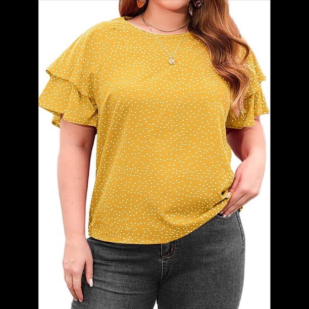 Camiseta Holgada de Cuello Redondo con Lunares y Corta con Volantes para Mujer, Talla Grande Amarillo XXXL