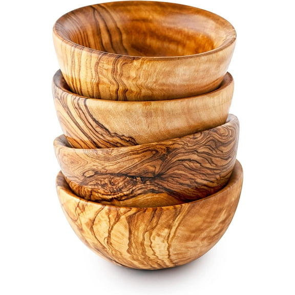 Olive Wood Bowls for Cereal Salad & Snacks - Set of 4 - Handmade Natural Wooden Small Round Soup Dish for Nuts Candy Fruits
