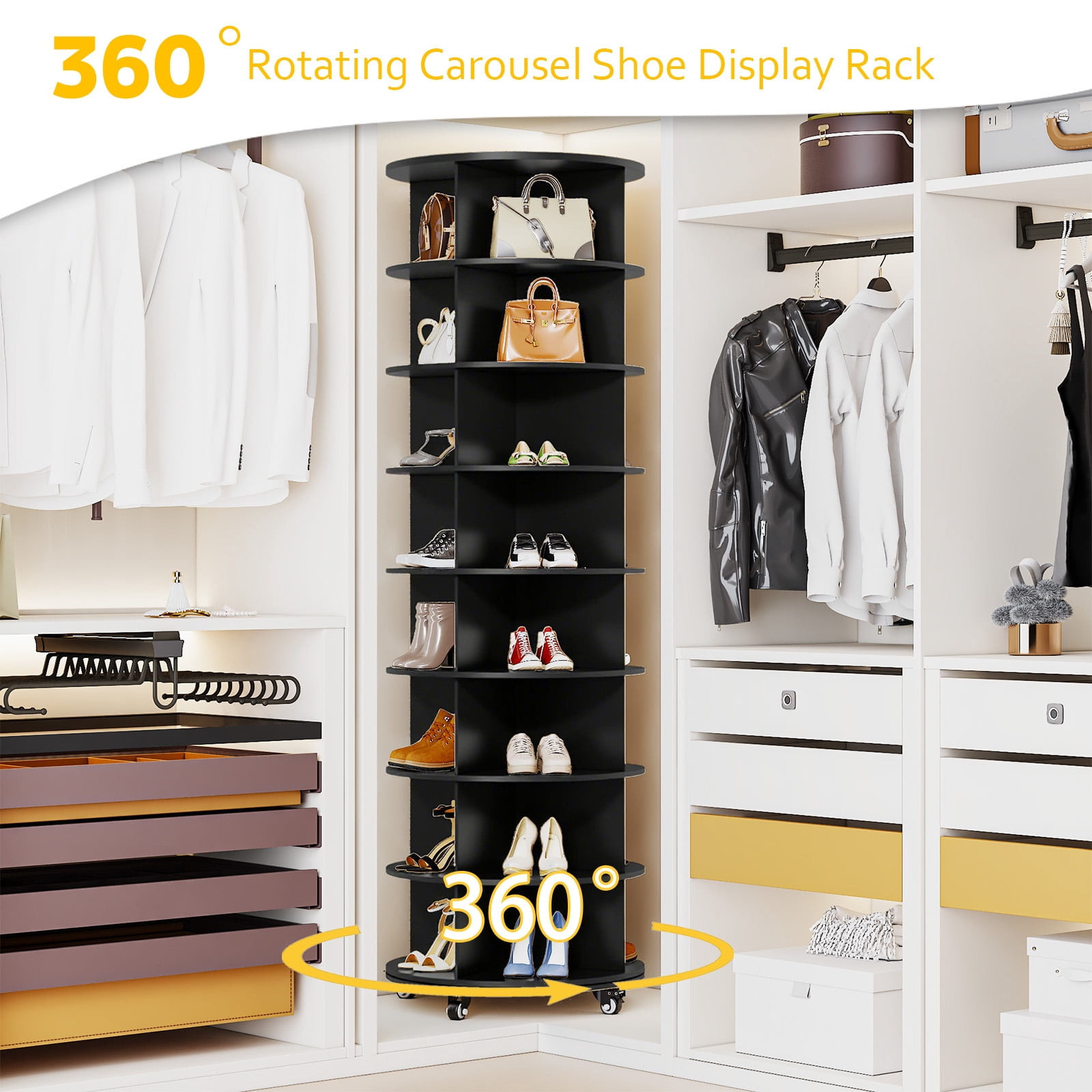 YODOLLA 8 Tier Rotating Shoe Rack with 4 Universal Casters, 360° Spinning Shoe Display Lazy Susan  (Black, 23.6’’×23.6’’×74’’)