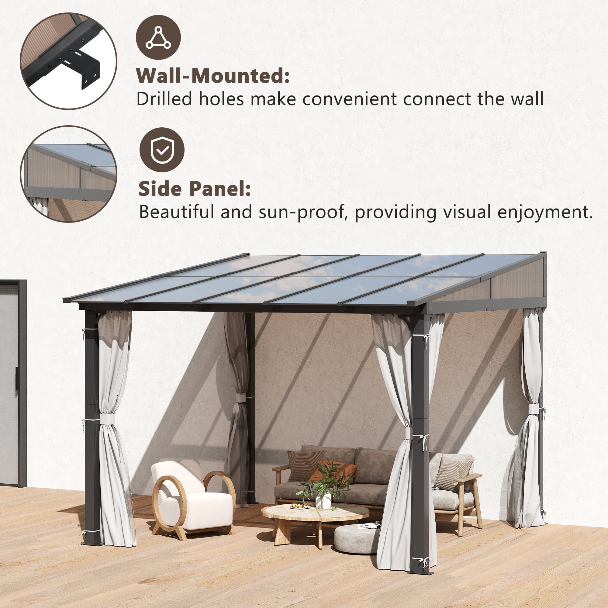 Howsvn 10x10 FT Wall-Mounted Aluminum Outdoor Patio Gazebo, Pop-Up Canopy Tent Instant Shelter with UV Protection & Waterproof Cover for Outdoor Events