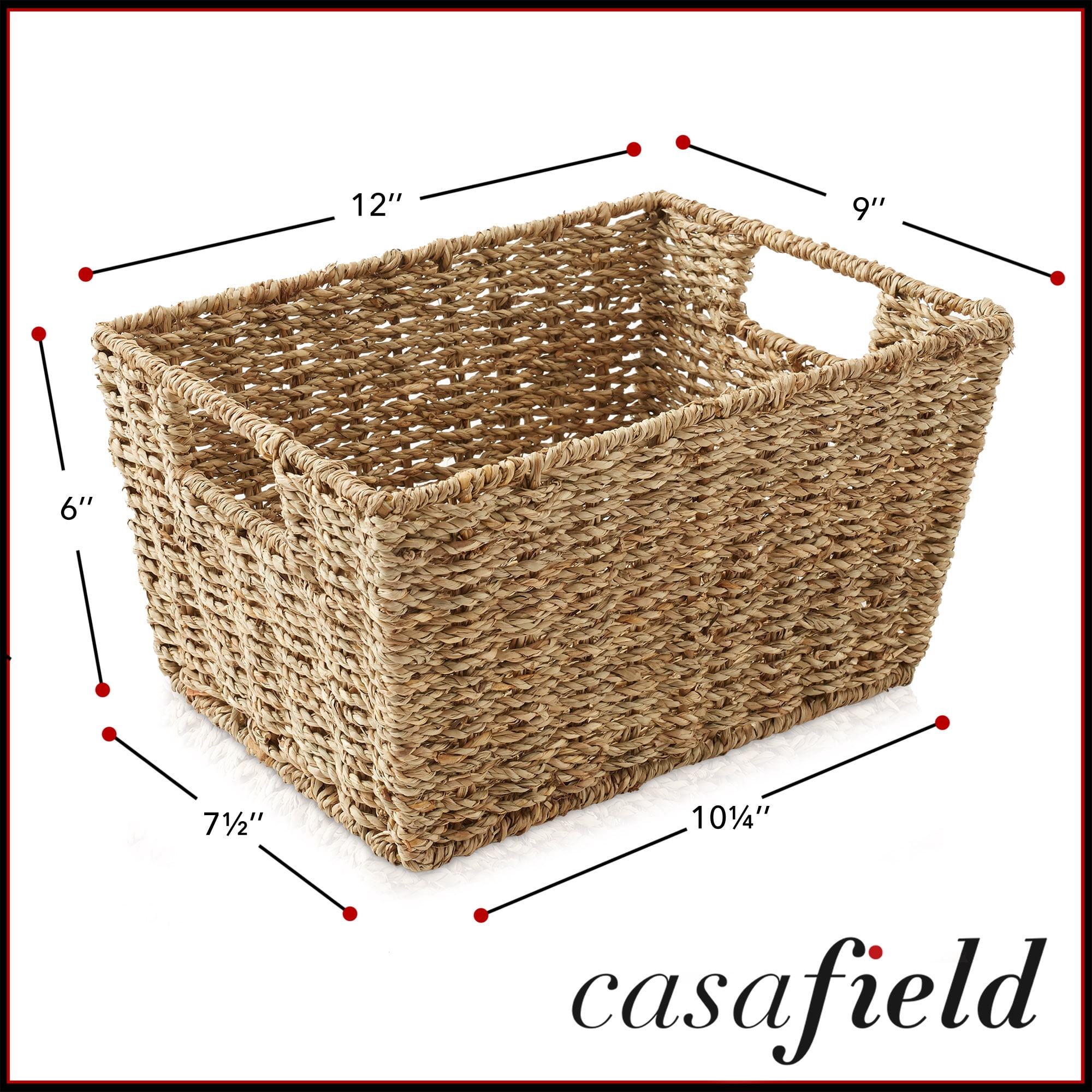 Casafield Set of 4 Seagrass Storage Baskets with Handles - Natural, 12" x 9" x 6" Rectangular Storage Shelf Bins, Blankets, Laundry