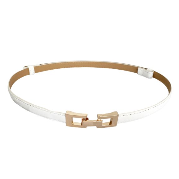 Women's Skinny Thin PU Leather Stretch Waist Belt with Gold Metal Cinch Buckle, Slim Comfortable Pant Waist Tightener, Easy to Use, Ideal for Dresses & Coats, White