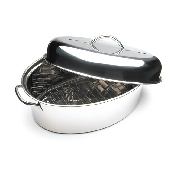 Fox Run Oval Roasting Pan with Lid and Roasting Rack, Stainless Steel, 10 Quart