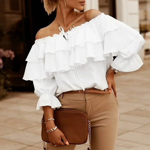 Long Sleeve Shirts for Women, Off Shoulder Ruffle Long Sleeve Chiffon Blouse, White L