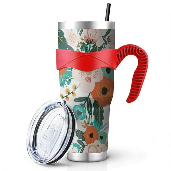40 Oz Pioneer Tumbler with Handle and Silicone Straws,Colorful Floral Double Wall Vacuum Insulated Stainless Steel Travel Mug Leak-Proof Coffee Cup on Screw Lid and Straw