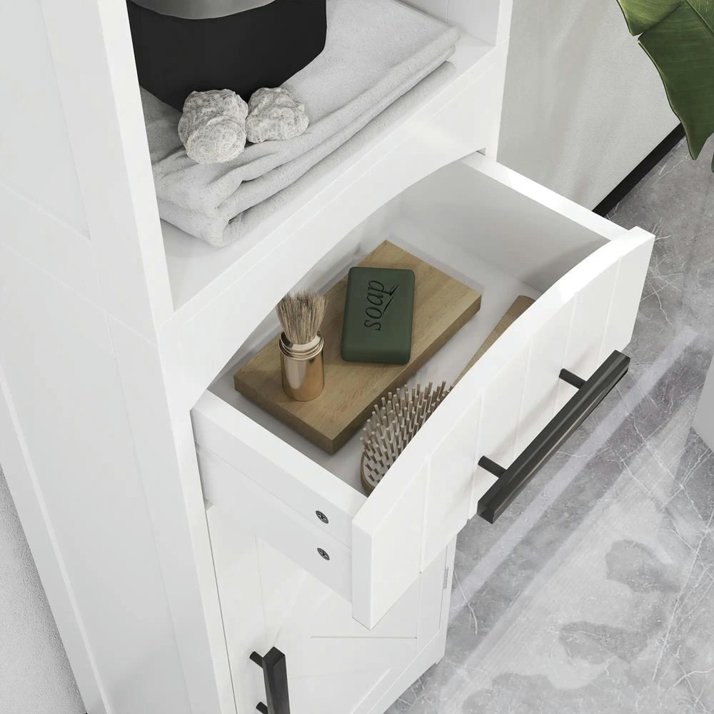 GVN Bathroom Storage Cabinet, Bathroom Floor Cabinet, Bathroom Storage Cabinet with Recessed Drawer and Barn Door, White