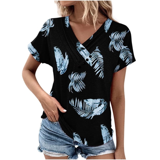 Tops de Algodón para Mujeres Cuello en V Moda Casual Manga Corta Primavera Verano Top para el Hogar Y Diario