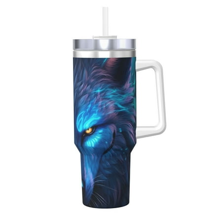

Goofa Futuristic Blue Light Wolf Print 40oz Ice Bully With Handle And Straw Stainless Steel Vacuum Insulated Cup And 2 In 1 Straw Lid