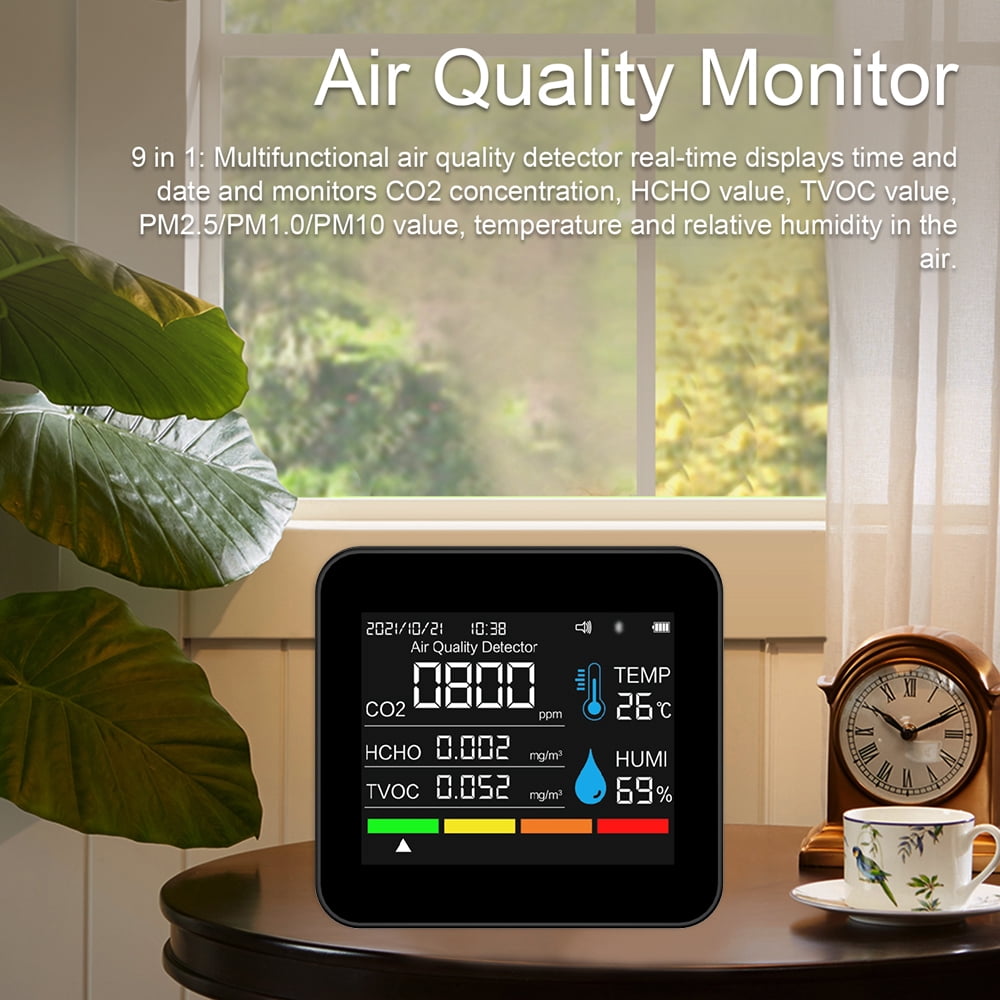 9 In 1 BT Air Quality Monitor CO2 Meter Carbon Dioxide Detector Time/Date CO2 TVOC HCHO PM2.5 PM1.0 PM10 Temperature Humidity Detection Support APP Control With Alarm Function For