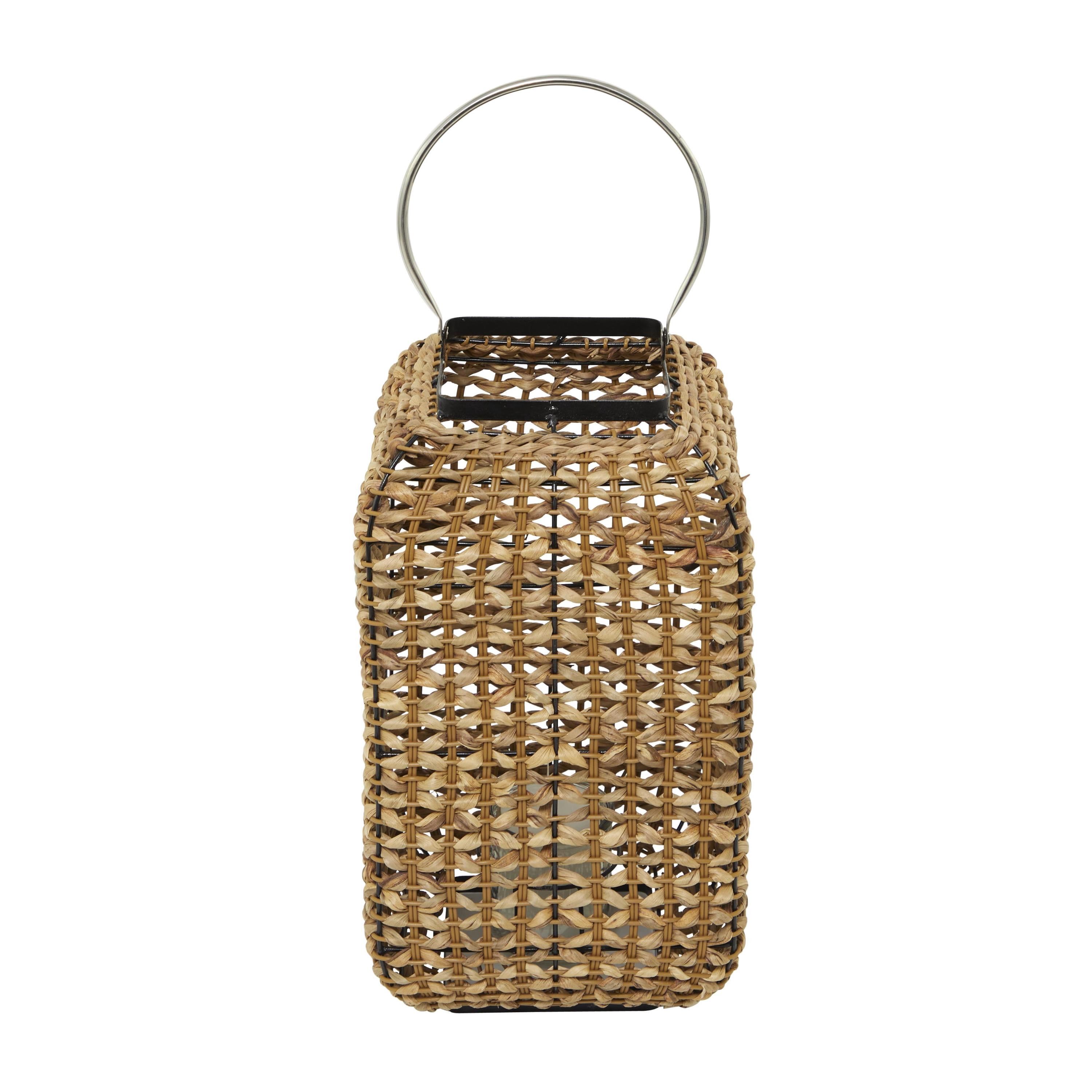 DecMode Brown Dried Plant Handmade Rattan Weaved Decorative Candle Lantern with Glass Holder and Handle