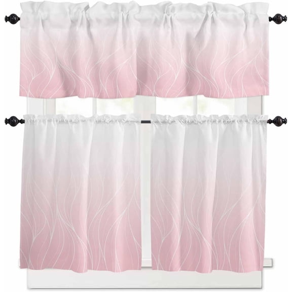 Pink White Ombre Kitchen Curtains and Valances Set, Rod Pocket Curtains Tier Farmhouse Window Curtains 36 Inch Length, Modern Abstract Stripes Minimalism 3 Piece Kitchen Curtains Set