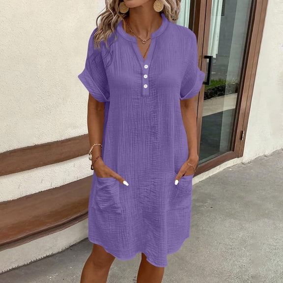 Ynynloco Womens Cotton Shirt Dress Spring Summer Casual Short Sleeve Button Down Loose Beach Cover Up Shirts with Pockets