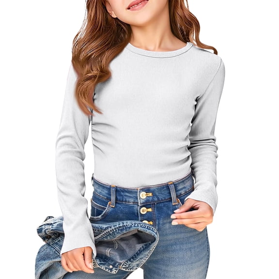 Girl T-Shirts Long Sleeve Ribbed Stretch Tee Slim Fit Casual Basic Top Comfortable Kids Shirt White XXL