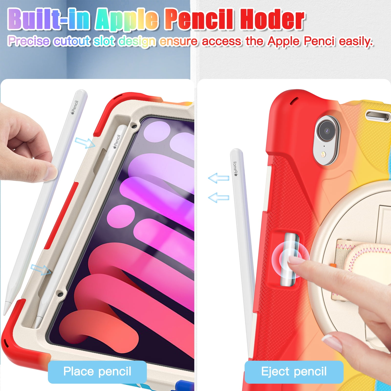 Rugged Case for 2021 Apple iPad Mini 8.3-Inch (6th Generation 2021 Release) - Rotating Stand Case with Hand Strap /Adjustable Shoulder Strap /Pencil Holder, Shockproof Protective Cover (Rainbow Red)