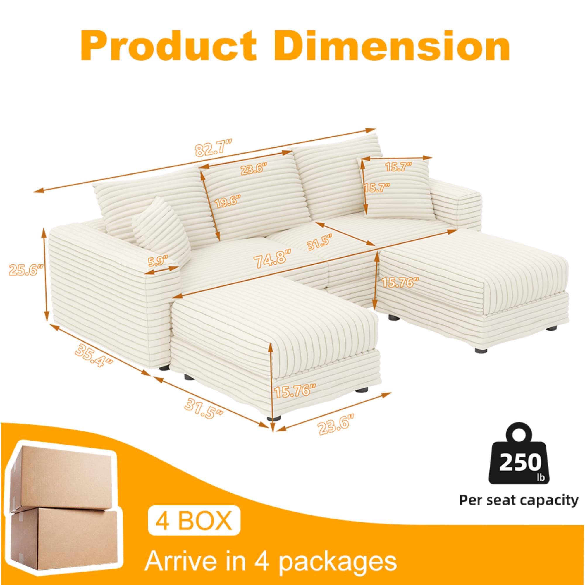 Alvantor 3-Seat Sofa with 2 Movable Ottomans 83 " W Corduroy Upholstered Deep Seat Couches U Shaped Convertible Chaise for Living Room, Apartment Beige