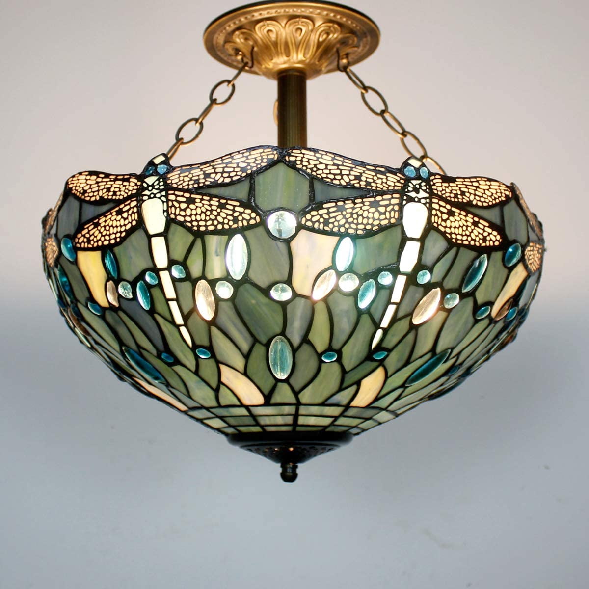Tiffany Ceiling Light Fixture Semi Flush Mount 16" Sea Blue Stained Glass Dragonfly Shade Close to Dome Island Boho Hanging Lamp Decor Bedroom Kitchen Dining Living Room Entry Foyer Hallway WERFACTORY