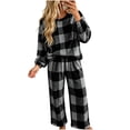 thumbnail image 7 of Two Piece Plaid Set for Women Long Sleeve Crew Neck Tops Wide Leg Pants Fall Winter Thicken Warm Soft Lounge Home Wear (XL, Dark Gray), 7 of 7