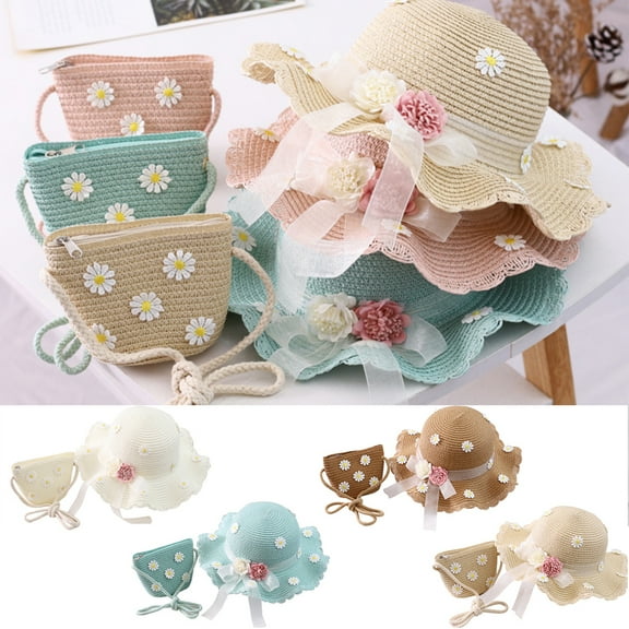 Cheers US Girls Straw Hat and Purse Set Tea Party Summer Beach Sunflower Flower Sunhats