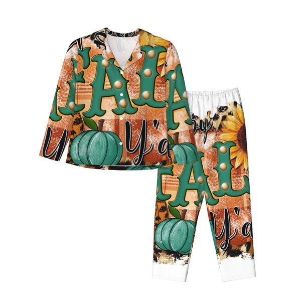 Fotbe Happy Fall Y'All Conjunto de Pijama de Manga Larga para Mujer con Estampado, Ropa de Dormir de 2 Piezas, Conjunto de Casa Suave y Cómodo con Bolsillos-X-Large