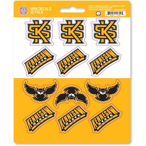 Kennesaw State University Owls 12-Piece Mini Decal Sticker Set, 5x6 Inch Sheet, Gift for football fans for any hard surfaces around home, automotive, personal items