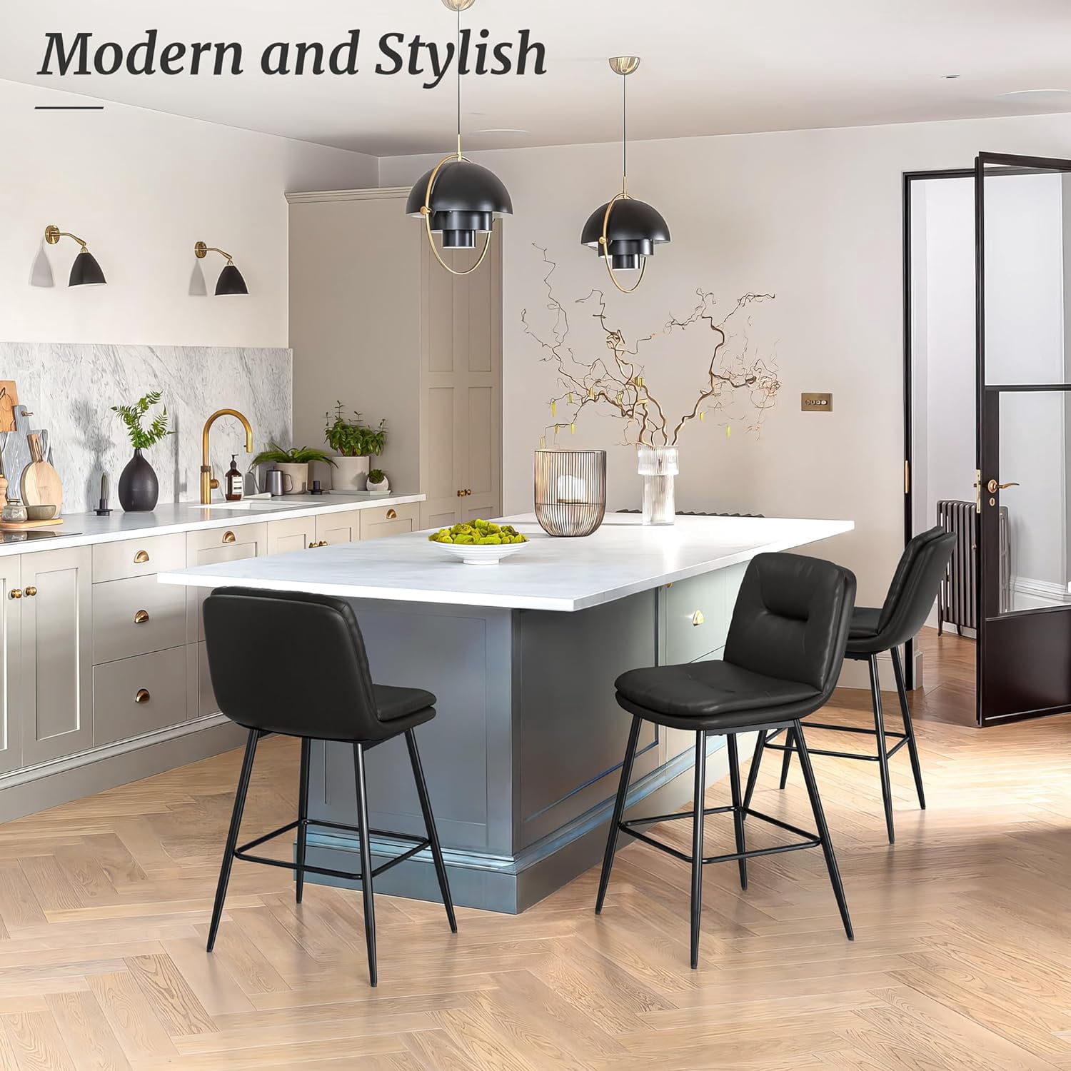 Dycanpo 24”H Bar Stools Set of 4, Double-Layer Upholstered, for Home Kitchen, Black