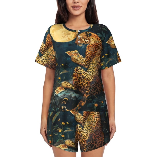 Fotbe Leopard Reading Tarot Cards Conjunto de Pijama Estampado para Mujer, 2 Piezas, Ropa de Dormir con Camiseta de Manga Corta y Shorts Suaves-XX-Large